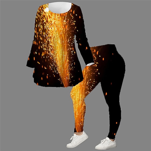 

Women's Plus Size Tops Set Color Gradient Print Long Sleeve Crew Neck Casual Daily Going out Polyester Winter Fall Black Yellow