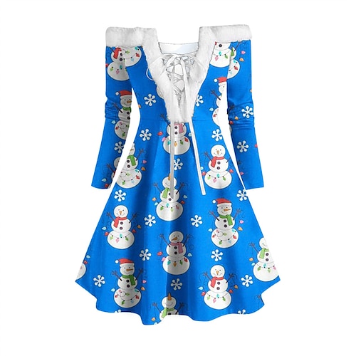 

Mini robe Femme Robe Évasée manche longue Hiver Automne - Moderne Patchwork Accueil froid Imprimer père Noël Bonhomme de neige Motif de flocon de neige Noël Vacances Fin de semaine Coton 2022 Bleu S