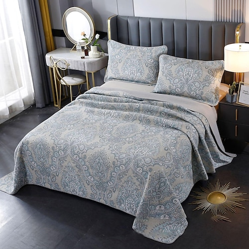 

100% Cotton Quilt Set 3 Piece, Paisley Printing Coverlet, Lightweight Soft Bedspread, Washed Summer Quilt, Queen Size King Size Luxurious Bedding Quilts for All Season (1 Quilt,2 Pillow Shams)