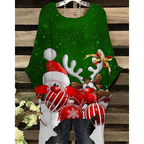 

Women's Plus Size Christmas Tops T shirt Tee Deer Santa Claus Print Half Sleeve Crew Neck Casual Festival Daily Cotton Spandex Jersey Winter Fall Green Wine