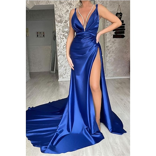 

Mermaid / Trumpet Evening Gown Sexy Dress Formal Court Train Sleeveless Spaghetti Strap Charmeuse Backless with Ruched Slit 2022