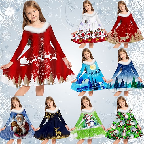 

Kids Girls' Ugly Christmas Dress Santa Claus Casual Dress Above Knee Dress Christmas Gifts Fur Trim Long Sleeve Adorable Dress 2-13 Years Winter Green Blue Wine