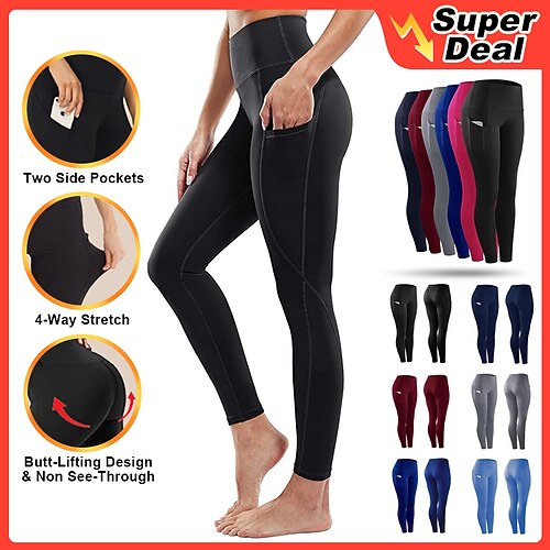 

Women's Compression Tights Leggings Side Pockets Bottoms Athletic Athleisure Cotton Tummy Control Butt Lift Breathable Running Jogging Training Sportswear Activewear Solid Colored Deep Green Black