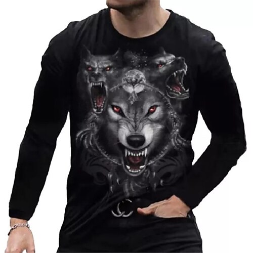 

Men's T shirt Tee Animal Wolf Graphic Prints Crew Neck Black Blue 3D Print Outdoor Street Long Sleeve Print Clothing Apparel Basic Vintage Sports Designer