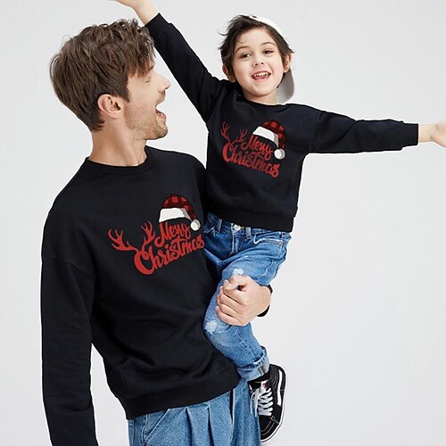 

Family Christmas Sweatshirt Elk Casual Black White Long Sleeve Daily Matching Outfits