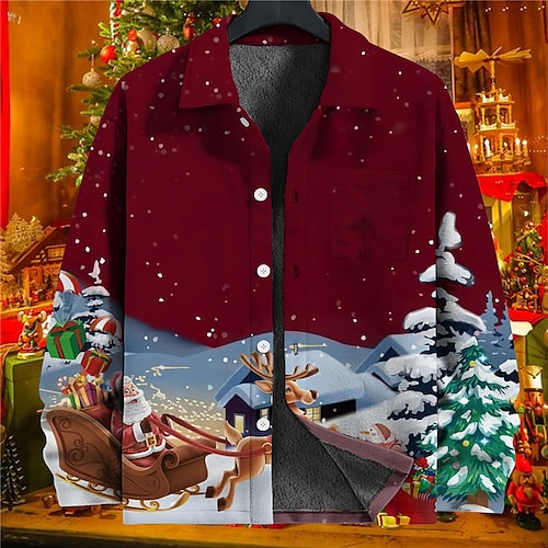 

Men's Shirt Santa Claus Scenery Graphic Prints Turndown Wine Blue 3D Print Christmas Street Long Sleeve Button-Down Print Clothing Apparel Fashion Designer Casual Soft