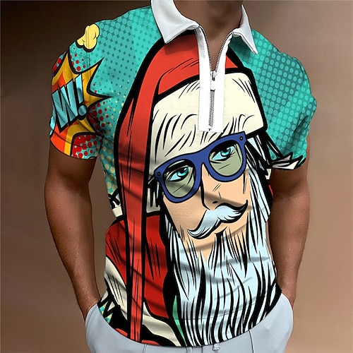 

Men's Collar Polo Shirt Golf Shirt Santa Claus Graphic Prints Ugly Christmas Turndown Blue 3D Print Christmas Street Short Sleeves Zipper Print Clothing Apparel Fashion Designer Casual Breathable