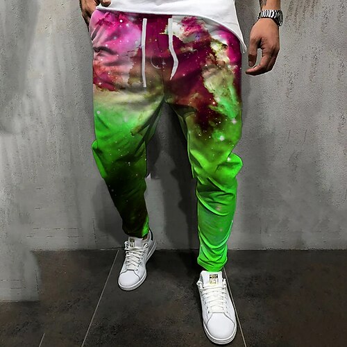 

Men's Joggers Trousers Casual Pants Drawstring Elastic Waist 3D Print Galaxy Color Block Graphic Prints Comfort Casual Daily Streetwear Basic Fashion Green Blue Micro-elastic