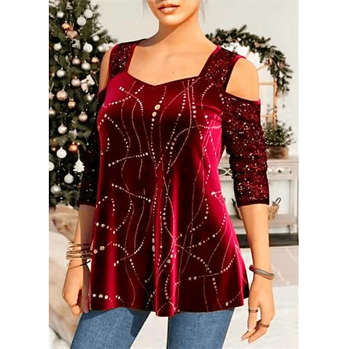 

Women's Blouse Shirt Wine Khaki Graphic Sequins Cut Out Long Sleeve Casual Daily Basic Square Neck Regular S
