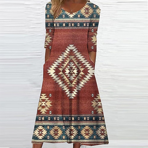 

Women's Casual Dress Shift Dress Midi Dress Midi Dress Green Khaki Red 3/4 Length Sleeve Geometric Ruched Winter Fall Spring Round Neck Fashion Daily 2022 S M L XL XXL 3XL