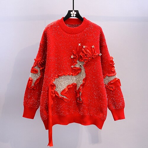 

Women's Pullover Sweater Jumper Crochet Knit Knitted Elk Crew Neck Stylish Casual Christmas Holiday Winter Fall Red One-Size