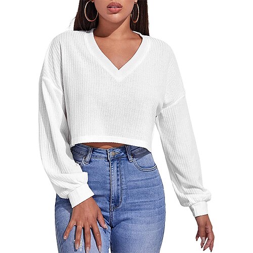 

Women's Crop Tshirt Black Wine Red Plain Long Sleeve Casual Basic V Neck Crop S