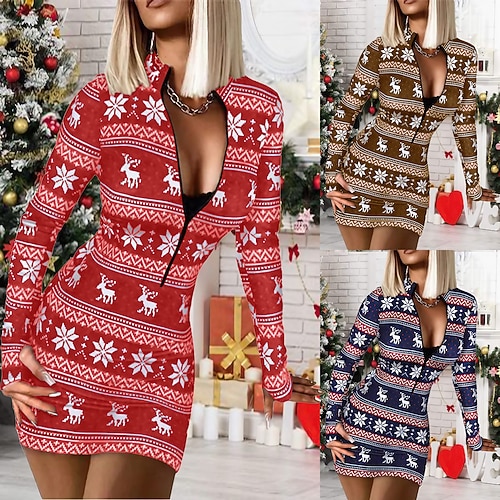 

Women's Christmas Casual Dress Bodycon Short Mini Dress Dark Blue Red Brown Long Sleeve Geometric Elk Snowflake Zipper Print Fall Winter Stand Collar Casual Sexy 2022 S M L XL XXL 3XL