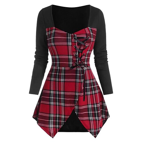 

Chemise Chemisier Femme Noir Plaid Asymétrique Imprimer manche longue Casual basique Col Carré Longue Standard S