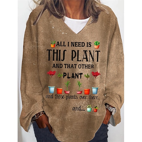 

Women's Plus Size Tops T shirt Tee Active Streetwear Floral Letter Print Long Sleeve V Neck Vintage Casual Daily Going out Cotton Spandex Jersey Winter Fall khaki
