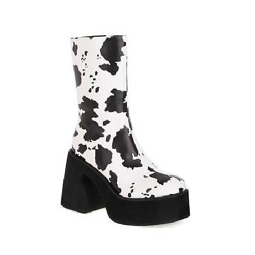 

40-43 european and american foreign trade cross-border amazon cow pattern color matching waterproof platform thick high-heeled women's mid-well boots g368