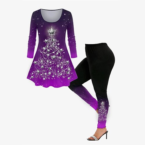 

Women's Plus Size Tops Christmas Set Christmas Tree Print Long Sleeve Crew Neck Casual Festival Daily Polyester Winter Fall Purple