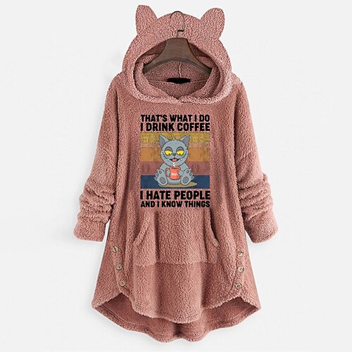 

Women's Sherpa jacket Fleece Jacket Teddy Coat Windproof Warm Outdoor Daily Wear Vacation Going out Button Pocket Print Pullover Hoodie Simple Comfortable Plush Cat Regular Fit Outerwear Long Sleeve