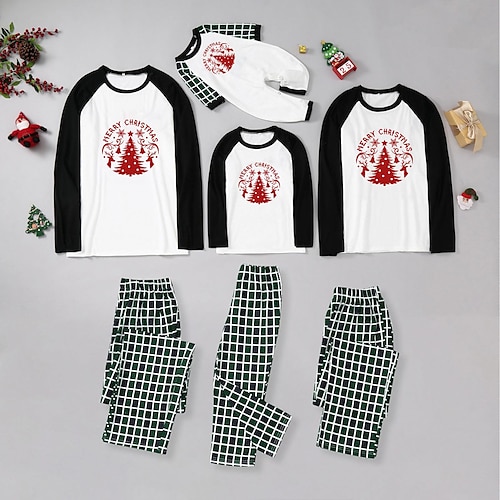 

Christmas Pajamas Family Plaid Letter Christmas Tree Home Black Long Sleeve Basic Matching Outfits