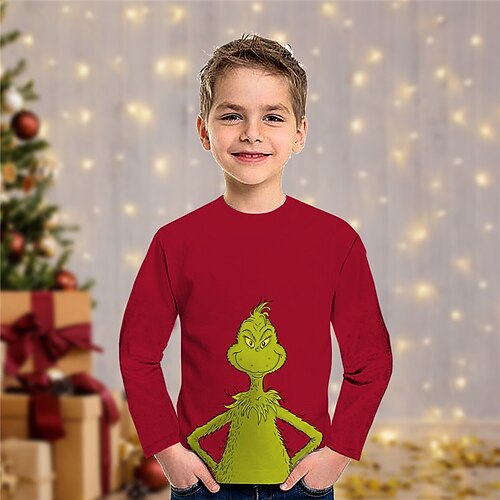 

Toddler Boys Christmas Grinch T shirt Tee Cartoon Long Sleeve Crewneck Children Top Casual 3D Print Cute Daily Winter Fall Wine 7-13 Years