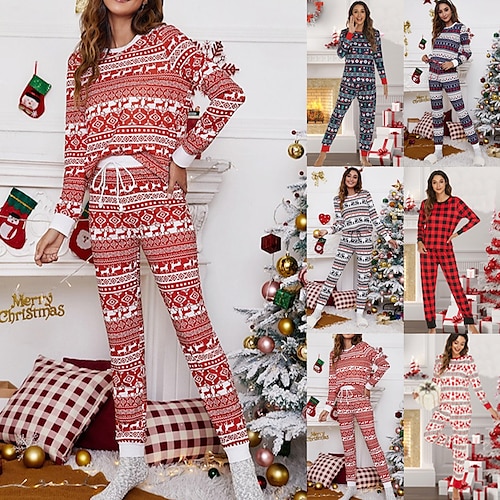 

Women's ChristmasPjs Pajamas Sets 2 Pieces Geometic Fashion Soft Party Home Daily Cotton Gift Crew Neck Long Sleeve T shirt Tee Pant Winter Fall Red Navy Blue / Print