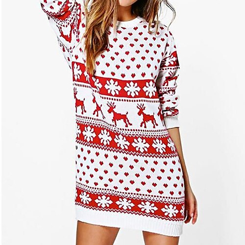 

Women's Christmas Casual Dress T Shirt Dress Tee Dress Shift Dress Mini Dress White Long Sleeve Elk Print Winter Fall Autumn Crew Neck Fashion Daily Date 2022 S M L XL XXL