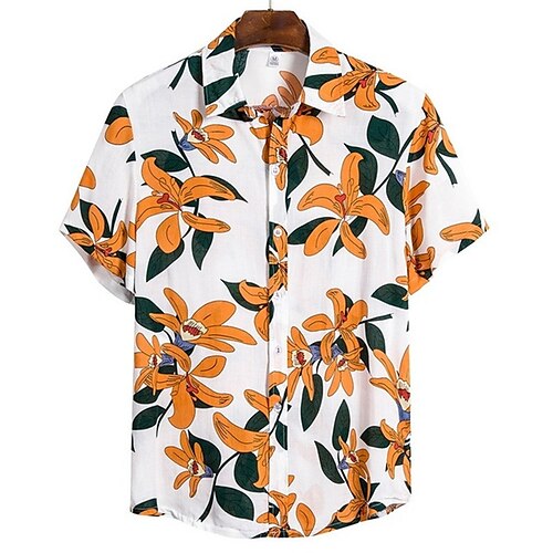 

Men's Shirt Floral Graphic Prints Leaves Turndown Blue Khaki Orange Navy Blue White 3D Print Outdoor Street Short Sleeves Button-Down Print Clothing Apparel Tropical Fashion Hawaiian Soft