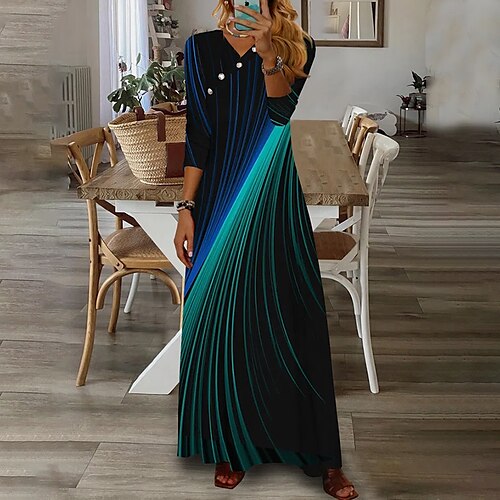 

Women's Swing Dress Maxi long Dress Black 3/4 Length Sleeve Color Gradient Button Winter Fall Spring V Neck Stylish Weekend 2022 S M L XL XXL 3XL