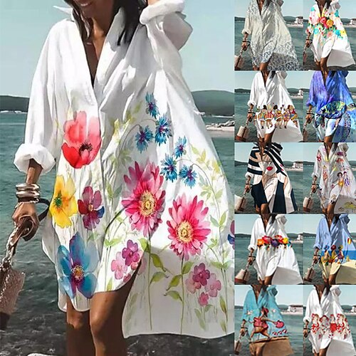 

Women's Shirt Dress Swing Dress Sundress Black Blue Dark Blue Long Sleeve Animal Button Winter Fall Autumn Shirt Collar Winter Dress Fall Dress Loose Fit 2022 S M L XL XXL 3XL 4XL 5XL