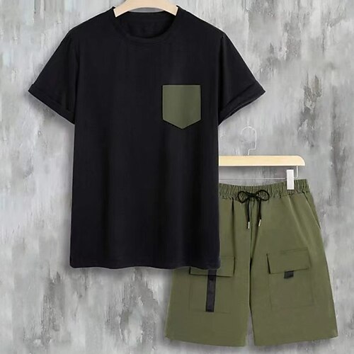 

Men's T-shirt Suits Tracksuit Tennis Shirt Shorts and T Shirt Set Patchwork Crew Neck Black Outdoor Street Short Sleeve Drawstring 2 Piece Clothing Apparel Sports Designer Sportswear Casual
