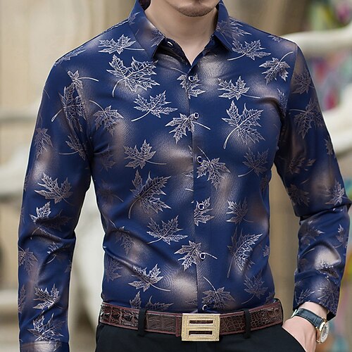 

Men's Tuxedo Shirts Prom Shirt Maple Leaf Turndown Blue Black Print Party Outdoor Long Sleeve Button-Down Print Clothing Apparel Fashion Breathable Comfortable / Summer / Spring / Summer / Club