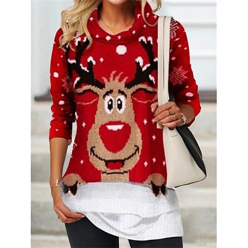 

Women's Blouse Shirt claret Black Red Deer Santa Claus Print Long Sleeve Christmas Casual Basic Round Neck Long M