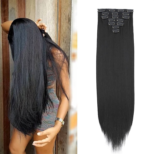 

clip en extensiones de cabello 24 pulgadas postizos rectos 7 piezas / set fibra sintética resistente al calor clip de cabeza completa en extensión de cabello para mujeres negras extensiones de cabello