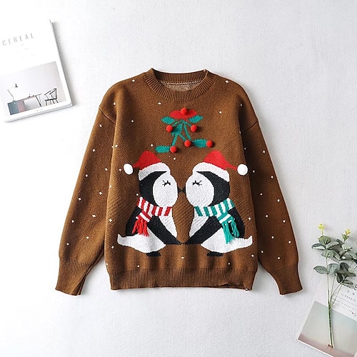 

Women's Ugly Christmas Sweater Pullover Sweater Jumper Crochet Knit Knitted Animal Crew Neck Stylish Casual Outdoor Christmas Winter Fall Khaki Red One-Size