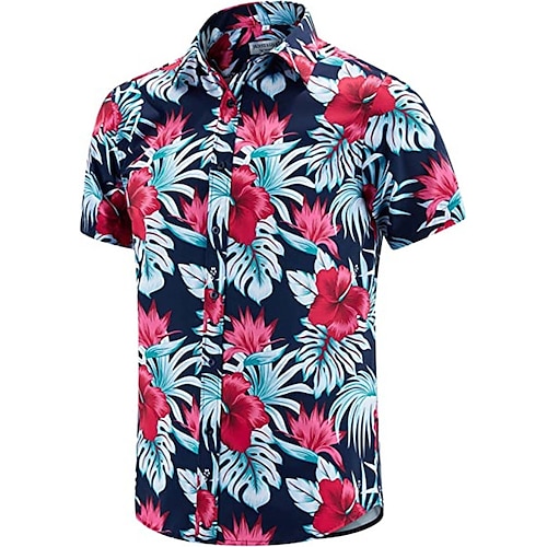 

Men's Shirt Floral Graphic Prints Leaves Turndown Blue Red Navy Blue 3D Print Outdoor Street Short Sleeves Button-Down Print Clothing Apparel Tropical Designer Casual Hawaiian