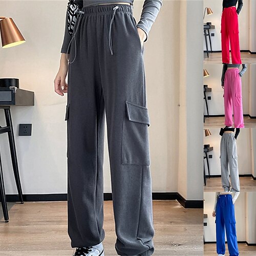 

Women's Active Wide Leg Elastic Waist Multi Pocket Plain Classic Modern Regular Spring & Fall Blue Light Grey Dark Gray Red Rose Red
