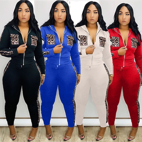 

Women's Sweatshirt Tracksuit Pants Sets Sweatpants Basic Black Royal Blue Casual Daily Leopard Color Block Zipper Drawstring Stand Collar S M L XL XXL