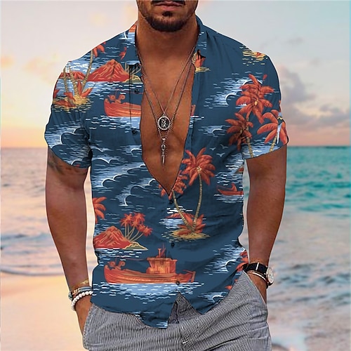 

Men's Shirt Aloha Shirt Coconut Tree Graphic Prints Turndown Blue Gray 3D Print Outdoor Street Short Sleeves Button-Down Print Clothing Apparel Tropical Designer Casual Hawaiian