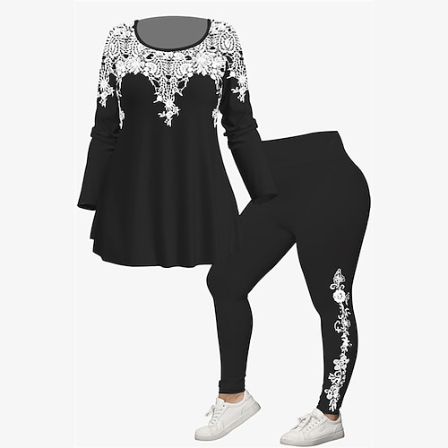 

Women's Plus Size Tops Set Floral Print Long Sleeve Crew Neck Casual Daily Going out Polyester Winter Fall Black Purple