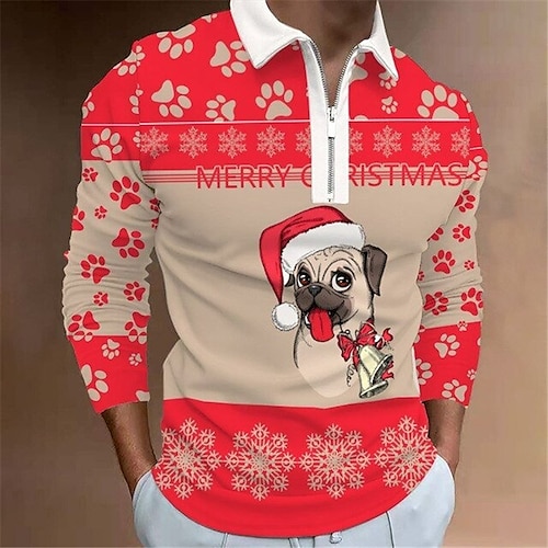 

Men's Collar Polo Shirt Golf Shirt Dog Graphic Prints Snowflake Turndown Red Navy Blue 3D Print Christmas Street Long Sleeve Zipper Print Clothing Apparel Fashion Designer Casual Soft