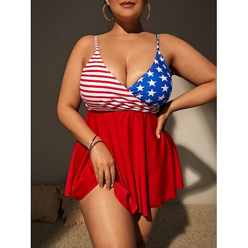 

Women's Swimwear Tankini Tankini with Shorts / Top Bathing Suits 2 Piece Plus Size Swimsuit Pleated Ruffle 2 Piece Flag American Flag Red T shirt Dress Padded Plunge Bathing Suits Sexy Fashion Sports