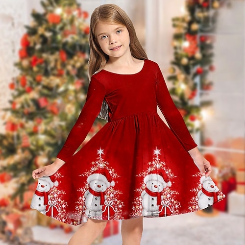 

Kids Girls' Christmas Dress Snowman Casual Dress Above Knee Dress Christmas Gifts Crewneck Long Sleeve Adorable Dress 2-13 Years Winter Wine