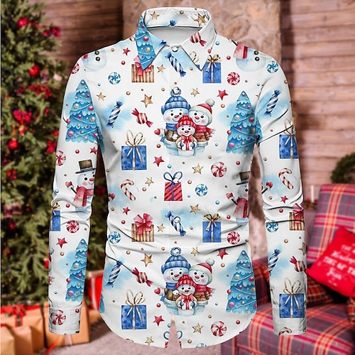 

Men's Shirt Tree Snowman Graphic Prints Turndown Blue Fuchsia 3D Print Christmas Street Long Sleeve Button-Down Print Clothing Apparel Fashion Designer Casual Soft