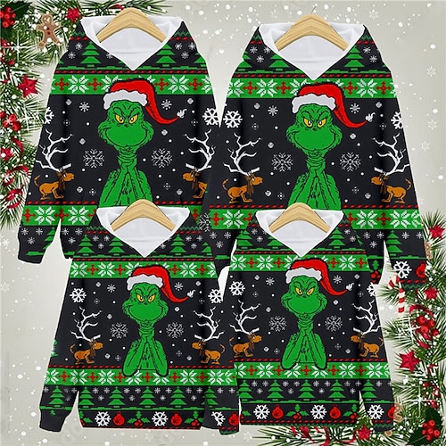 

Family Ugly Christmas Hoodie Cartoon Snowman Ugly Christmas Tree Casual Pocket Black Long Sleeve Adorable Matching Outfits