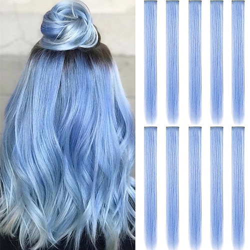 

10 pcs extensões de cabelo coloridas 21 polegadas destaques de festa coloridos retos apliques sintéticos resistentes ao calor clipe em acessórios de cabelo de halloween para mulheres/crianças/meninas