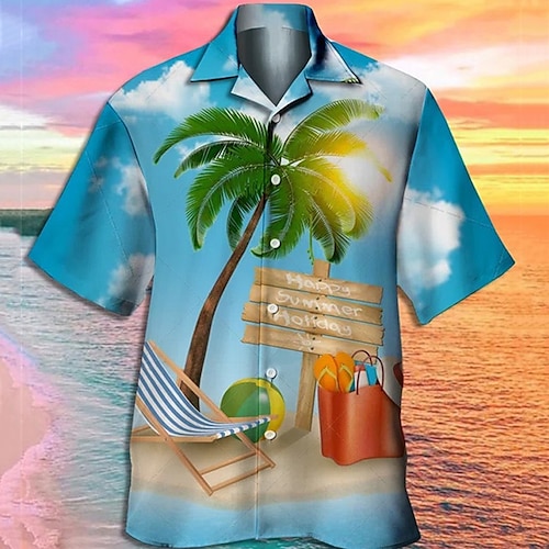 

Men's Shirt Coconut Tree Graphic Prints Turndown Blue 3D Print Outdoor Street Short Sleeve Button-Down Print Clothing Apparel Tropical Designer Casual Hawaiian