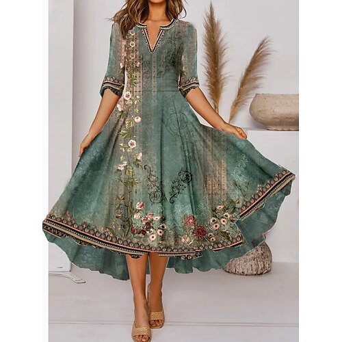 

Women's Swing Dress Midi Dress Green Half Sleeve Floral Print Winter Fall Autumn V Neck Modern Weekend 2022 S M L XL XXL 3XL