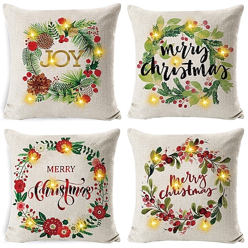 

Christmas Pillow Cover LED Light Up Pillowcase 45x45cm Christmas Gift Linen Painting Style Battery Powered with LED Color Lights Pillow Cover for Christmas New Year Sofa Home Decoration