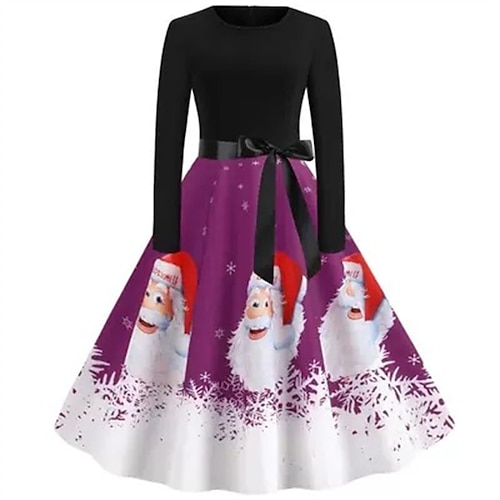 

Women's Swing Dress Vintage Dress Mini Dress Black Purple Red Long Sleeve Santa Claus Ruched Winter Fall Autumn Crew Neck Christmas Daily Vacation 2022 S M L XL XXL