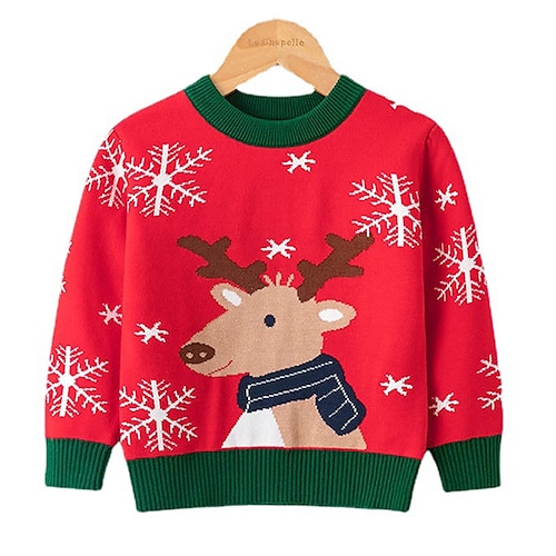 

Toddler Girls' Ugly Christmas Sweater Deer School Print Long Sleeve Crewneck Active 3-7 Years Winter Red